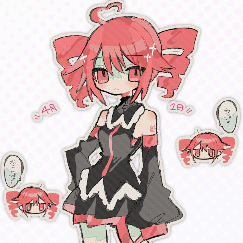 1girl, ahoge, bare_shoulders, black_shirt, black_skirt, black_sleeves, cowboy_shot, detached_sleeves, drill_hair, hand_on_own_hip, heart, heart_ahoge, highres, kasane_teto, long_sleeves, looking_at_viewer, miniskirt, multiple_views, okashira_moppu, outline, red_eyes, red_hair, shirt, skirt, sleeveless, sleeveless_shirt, sleeves_past_fingers, sleeves_past_wrists, standing, twin_drills, twintails, utau, white_background, white_outline