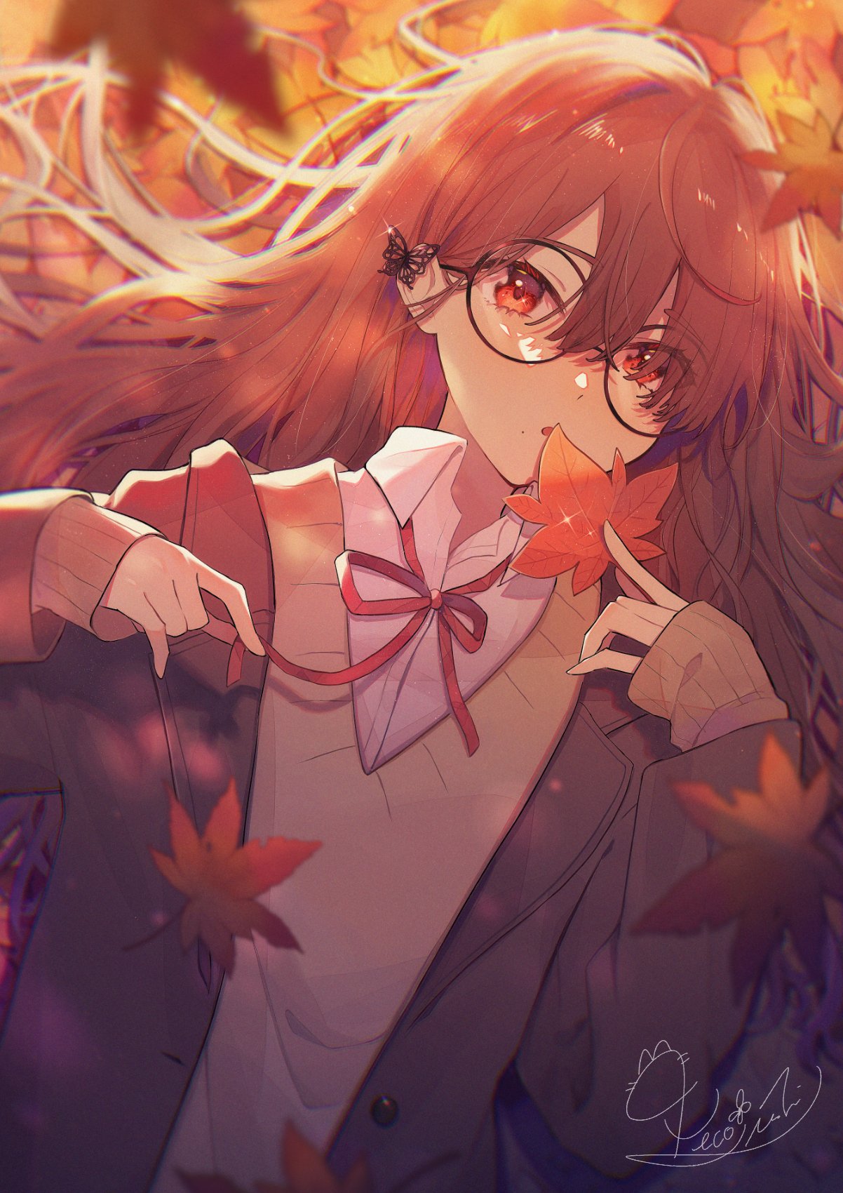 1girl, autumn_leaves, between_fingers, brown_hair, brown_jacket, brown_sweater, bug, butterfly, butterfly_on_ear, collared_shirt, dappled_sunlight, eyes_visible_through_hair, glasses, hair_between_eyes, hair_spread_out, hand_up, highres, holding, holding_leaf, holding_ribbon, jacket, lapels, layered_clothes, leaf, leaf_background, long_hair, long_sleeves, looking_at_viewer, lying, maple_leaf, monarch_butterfly, neck_ribbon, necojishi, notched_lapels, on_back, open_collar, open_mouth, orange_butterfly, original, parted_lips, red_eyes, red_ribbon, ribbon, round_eyewear, shirt, signature, sleeves_past_wrists, solo, sunlight, sweater, upper_body, v-neck, white_shirt, wing_collar