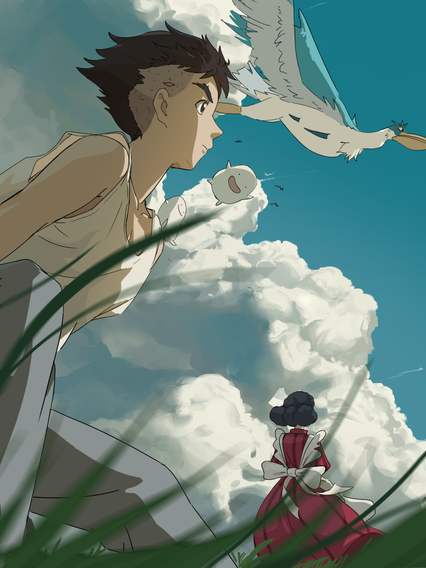 11173, 1boy, 1girl, :d, absurdres, aosagi_(kimitachi_wa_dou_ikiru_ka), bird, black_hair