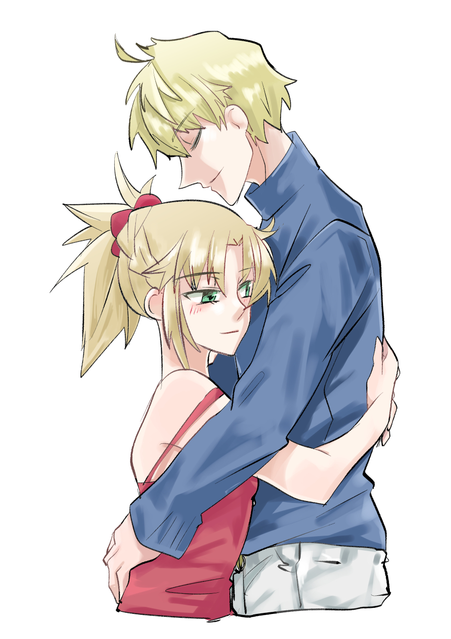 1boy, 1girl, arthur_pendragon_(fate), blonde_hair, blue_sweater, breasts, camisole, closed_eyes, commentary_request, fate/grand_order, fate_(series), height_difference, hemorichiniki, highres, hug, mordred_(fate), red_camisole, red_eyes, small_breasts, smile, strap_slip, sweater, turtleneck, turtleneck_sweater