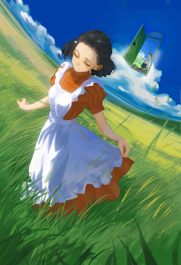 1boy, 1girl, apron, black_hair, blue_sky, closed_eyes, clouds, dress