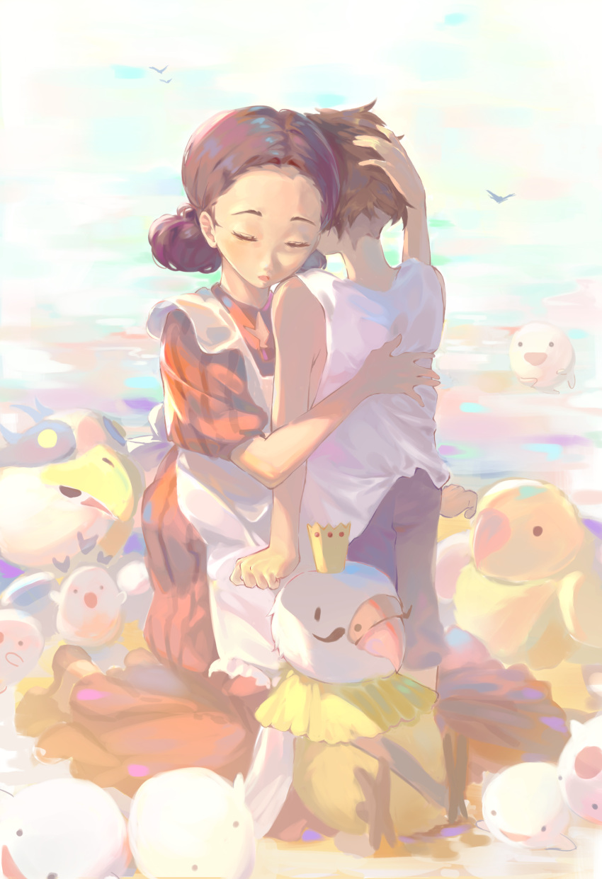 1boy, 1girl, absurdres, aosagi_(kimitachi_wa_dou_ikiru_ka), arm_at_side, black_hair, brown_hair, closed_eyes