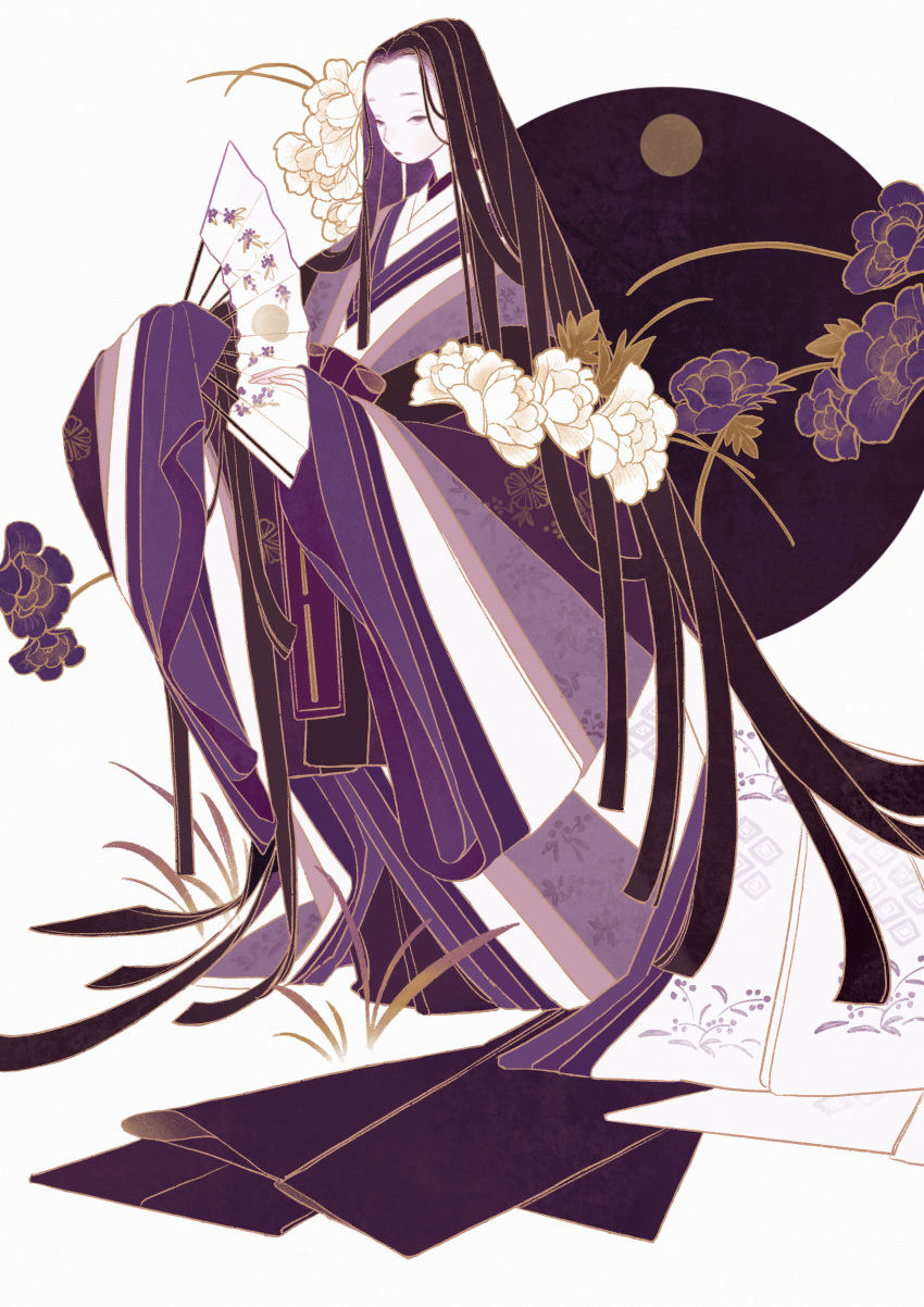 1girl, absurdres, black_hair, black_sun, blunt_bangs, closed_mouth, flower, folding_fan, full_body, grass, grey_eyes, hand_fan, highres, holding, holding_fan, japanese_clothes, karaginu_mo, kimono, layered_kimono, long_hair, long_sleeves, murasaki_shikibu, original, parted_bangs, purple_flower, purple_kimono, sleeves_past_fingers, sleeves_past_wrists, solo, standing, sun, surie, very_long_hair, white_background, white_flower, wide_sleeves