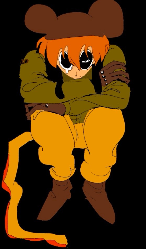 1boy, animal_hat, black_background, black_eyes, black_vest, boots, commentary_request, derivative_work, full_body, green_jacket, hat, jacket, knees_up, looking_at_viewer, male_focus, mouse_hat, oddo_(user_yrfn7475), orange_hair, present_day_problem_takeuchi_robert, randal's_friends, short_hair, simple_background, sitting, solo, teardrop, vest