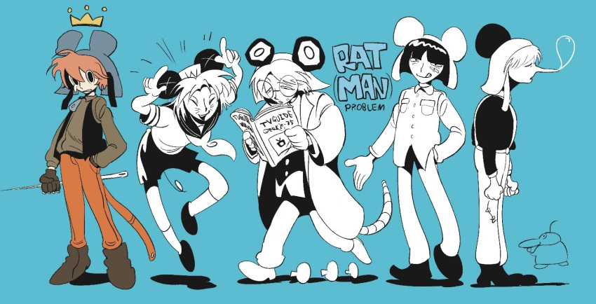 5boys, animal_hat, black_vest, blue_background, book, brown_hair, coat, commentary_request