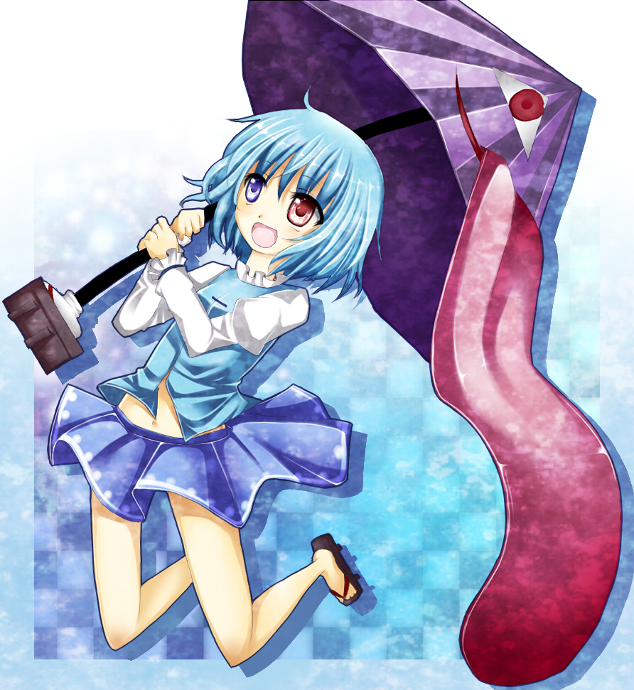 blue_hair, geta, harukaruha, heterochromia, huge_tongue, jumping, karakasa_obake, long_tongue