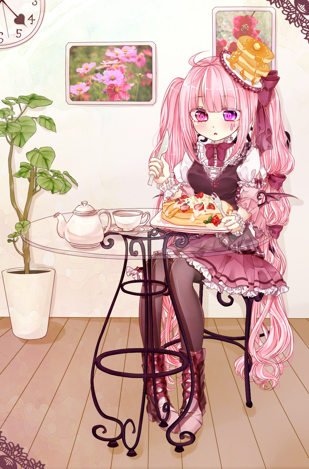 1girl, ahoge, black_pantyhose, blueberry, blush, bow, chair, clock