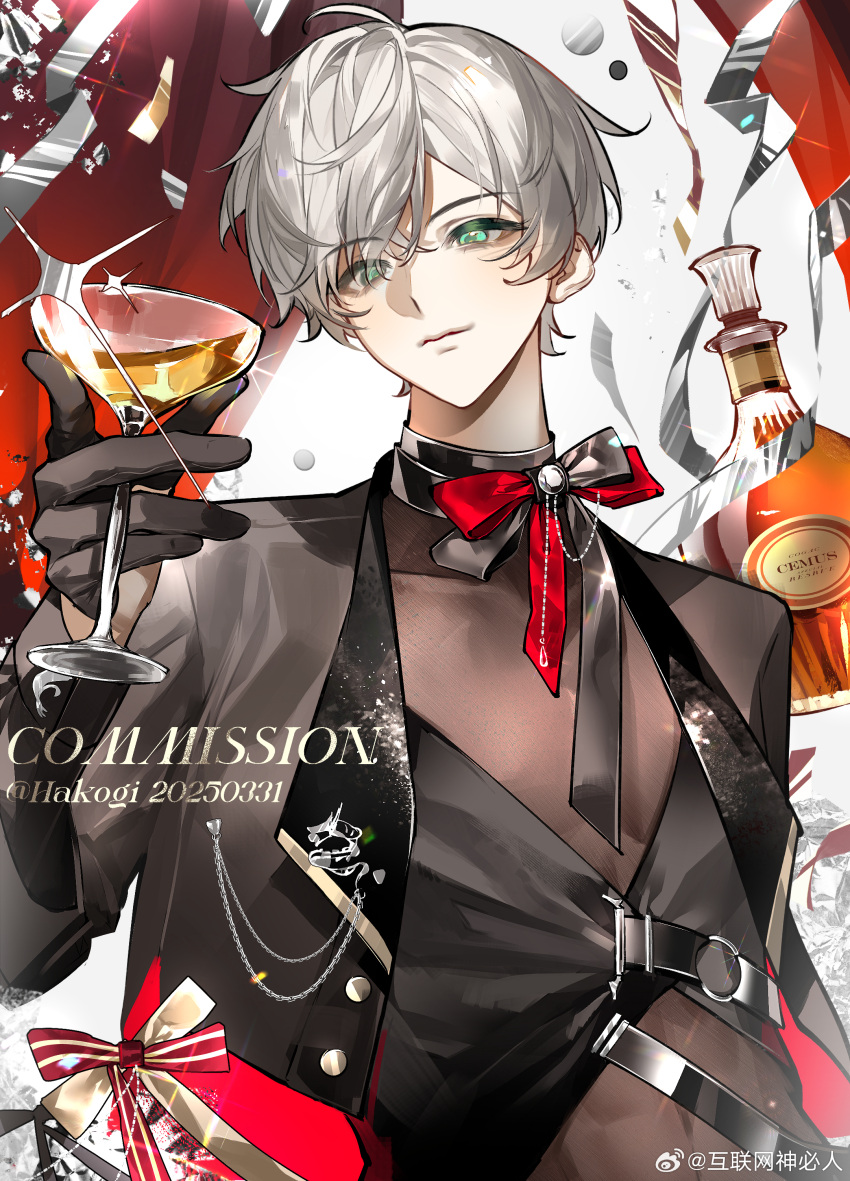 1boy, absurdres, alcohol, black_shirt, bow, cup, drinking_glass, green_eyes