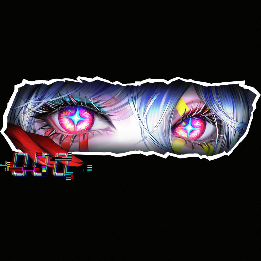 000_(path_to_nowhere), 1girl, absurdres, aqua_eyeliner, asymmetrical_eyeliner, black_background, blue_hair, character_name