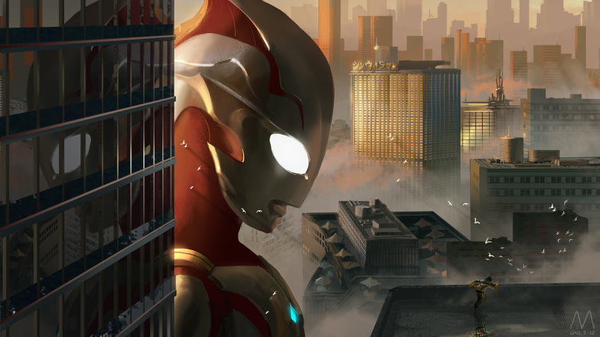 2boys, absurdres, alien, armor, billboard, bird, breastplate, building