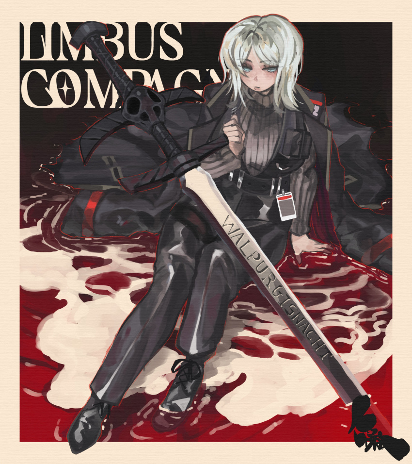1girl, absurdres, ambiguous_red_liquid, black_jacket, black_pants, blue_eyes, copyright_name, curled_fingers
