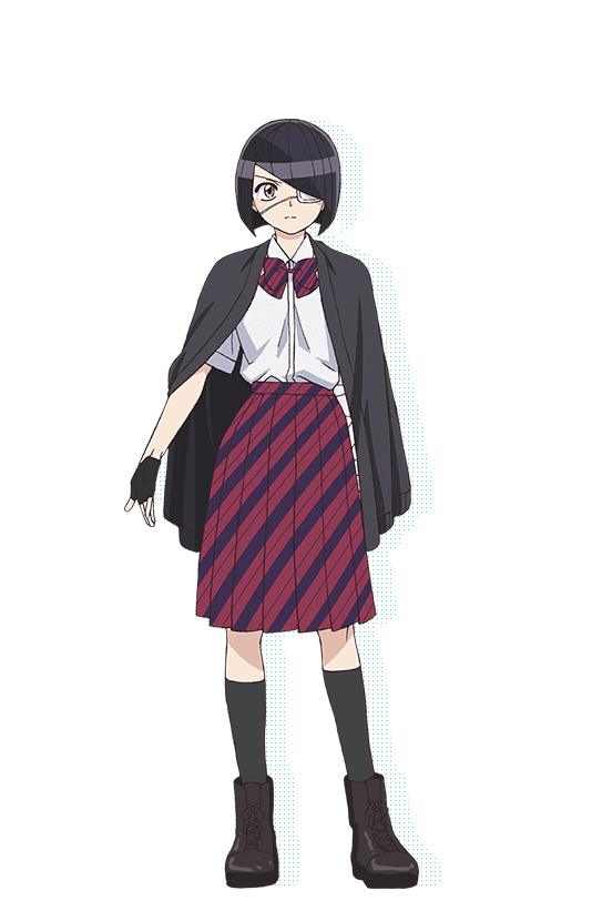 1girl, asymmetrical_bangs, bandaged_arm, bandages, black_cape, black_gloves, black_hair, black_socks
