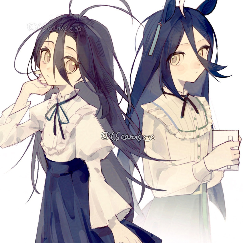 2girls, ahoge, animal_ears, black_hair, black_skirt, closed_mouth, coffee_mug, commentary