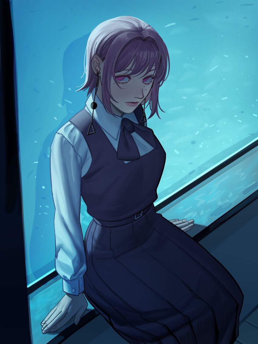 1girl, aquarium, black_dress, chainsaw_man, closed_mouth, collared_shirt, dress, drugsandsocks