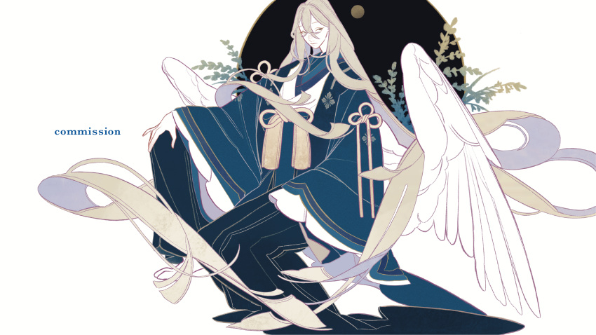 1boy, absurdly_long_hair, absurdres, androgynous, black_hakama, blue_kimono, brown_hair, closed_mouth