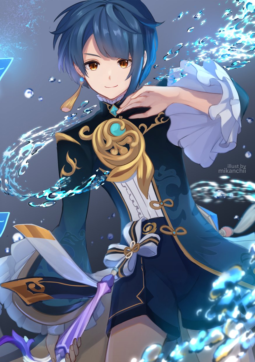 1boy, artist_name, asymmetrical_hair, blue_coat, blue_hair, blue_shorts, blurry, blurry_foreground