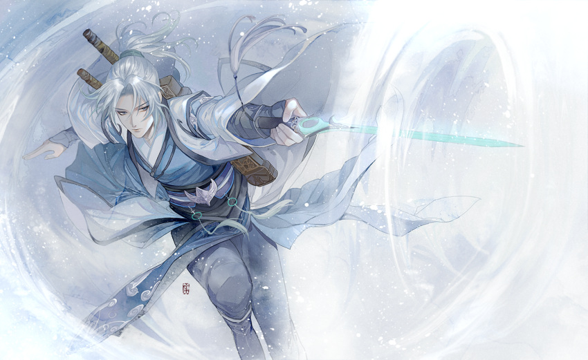 1boy, black_boots, black_pants, blue_eyes, blue_hanfu, boots, chinese_clothes, cloak