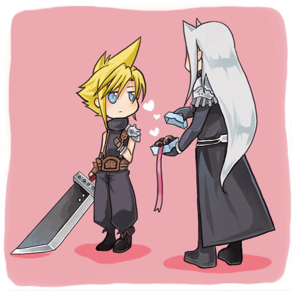blonde_hair, blue_eyes, chocolate, cloud_strife, dissidia_final_fantasy, final_fantasy, final_fantasy_vii, gift