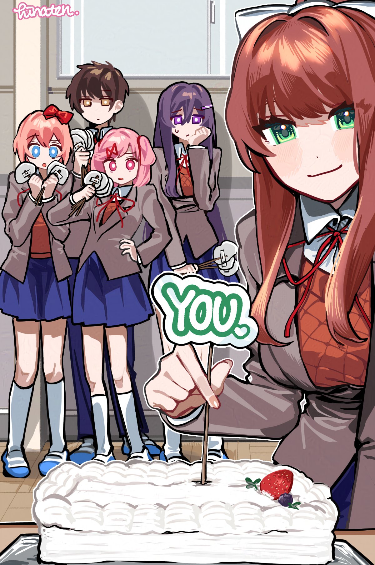 1boy, 4girls, blazer, blue_skirt, bow, doki_doki_literature_club, english_commentary, green_eyes, grey_jacket, hair_bow, hair_intakes, hair_ornament, hair_ribbon, hairclip, hear_me_out_cake_(meme), highres, hinaten, jacket, looking_at_viewer, meme, monika_(doki_doki_literature_club), multiple_girls, natsuki_(doki_doki_literature_club), neck_ribbon, orange_vest, pink_eyes, pink_hair, ponytail, purple_hair, red_bow, red_ribbon, ribbon, sayori_(doki_doki_literature_club), school_uniform, skirt, swept_bangs, two_side_up, vest, violet_eyes, white_bow, yuri_(doki_doki_literature_club)