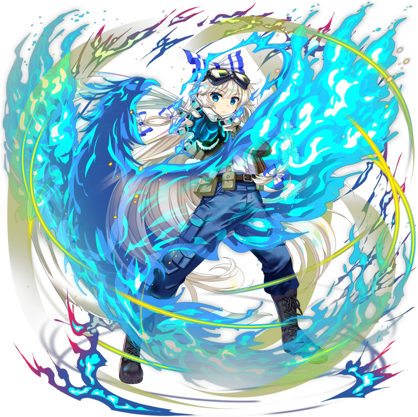 1girl, absurdly_long_hair, alternate_costume, alternate_eye_color, belt, belt_pouch, bird, black_boots, blue_eyes, blue_fire, blue_gloves, blue_pants, boots, bow, brown_jacket, closed_mouth, collared_shirt, cross-laced_clothes, expressionless, eyewear_on_head, fire, fujiwara_no_mokou, fujiwara_no_mokou_(defiant_blue_phoenix), full_body, game_cg, gloves, hair_bow, highres, jacket, long_hair, looking_at_viewer, official_art, pants, phoenix, pocket, pouch, pyrokinesis, rotte_(1109), shirt, solo, sunglasses, third-party_source, touhou, touhou_lostword, transparent_background, very_long_hair, white_hair, white_shirt