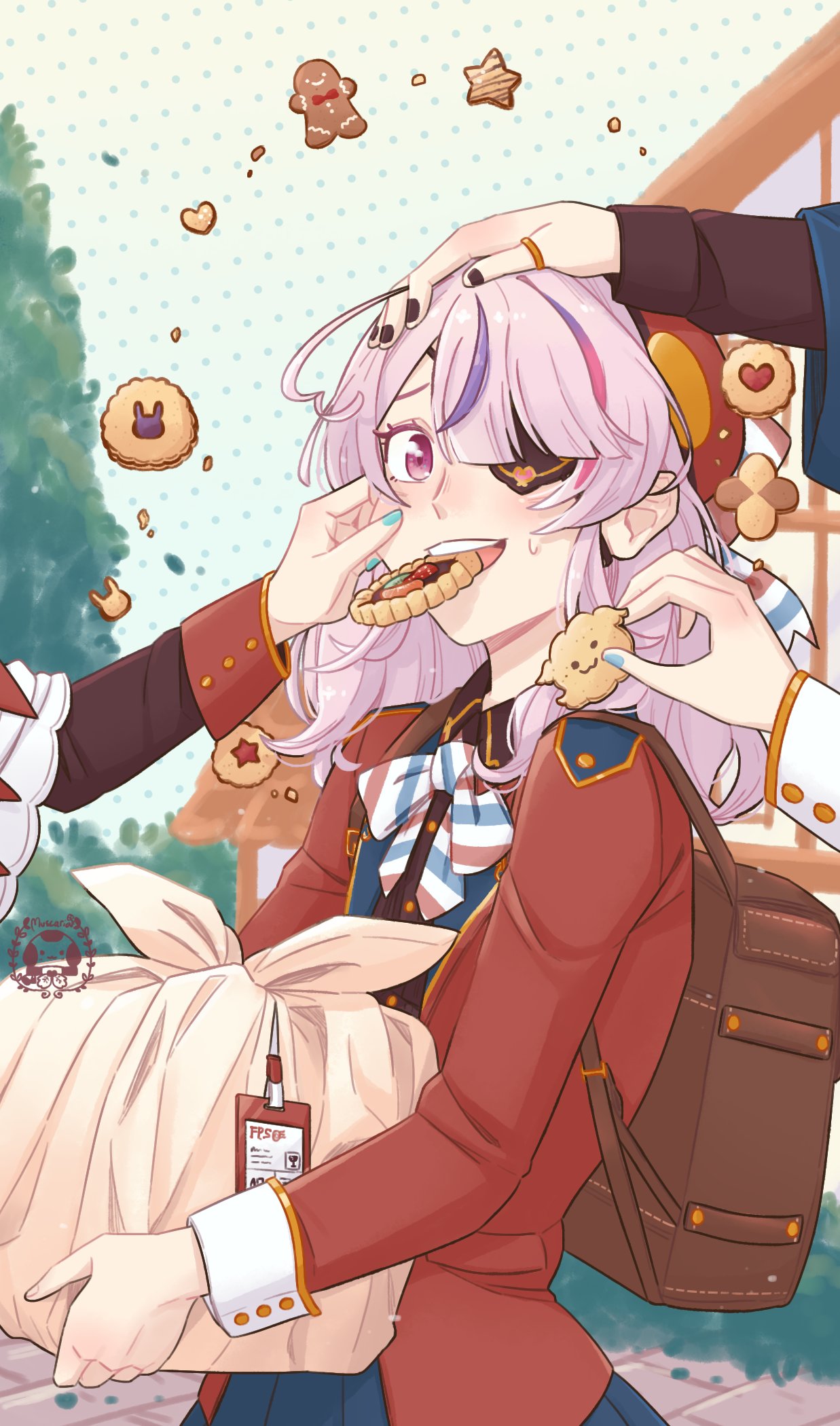 ahoge, backpack, bag, blush, character_request, cheek_pinching, cookie, eyepatch
