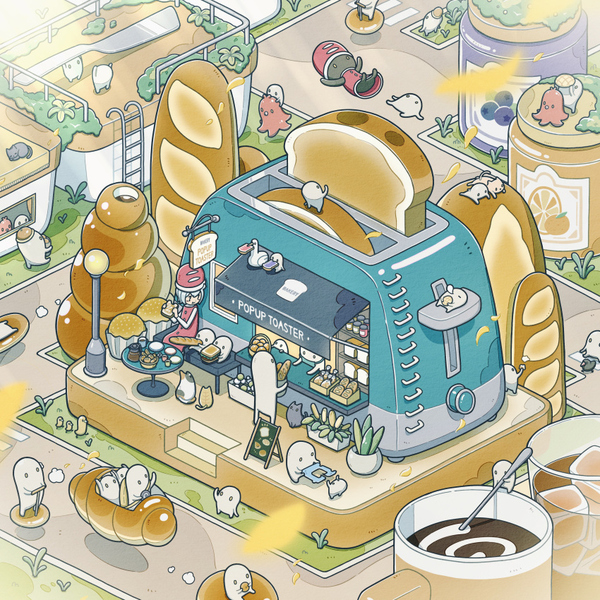 absurdres, baguette, bakery, bird, black_cat, blue_hair, bread, bread_bun