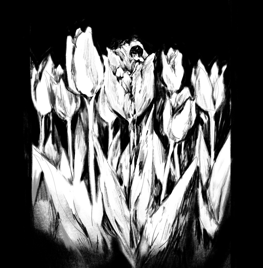 1boy, absurdres, atama_ga_pa, black_background, commentary_request, expressionless, flower, greyscale