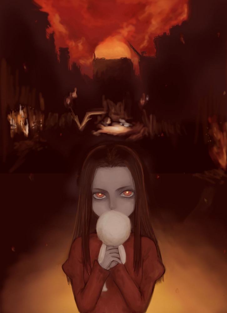 alma_wade, bad_id, brown_hair, cityscape, covering, covering_face, covering_mouth, dress, f.e.a.r., f.e.a.r._2, glowing, glowing_eyes, mizore_milk, object_over_mouth, pale_skin, red_dress, red_eyes, ruins, solo, toy