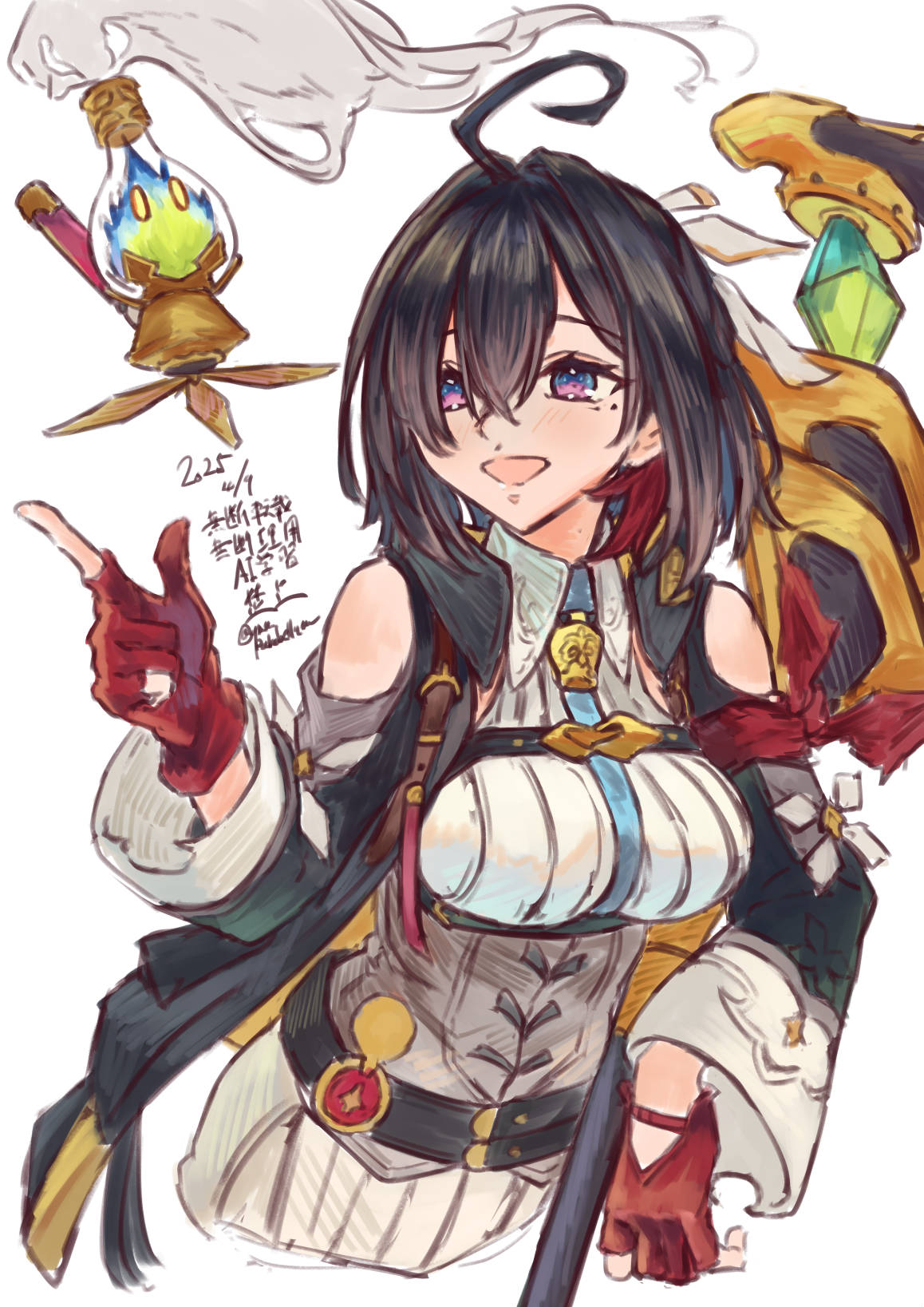 1girl, ahoge, atelier_(series), atelier_yumia, between_breasts, black_hair, breasts, commentary_request