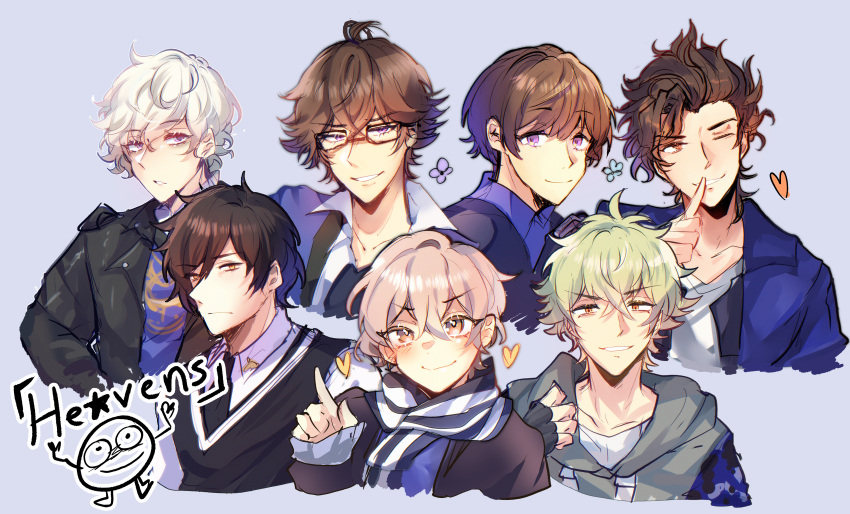 6+boys, absurdres, ahoge, amakusa_shion, black_jacket, black_sweater_vest, blue_background, blue_shirt