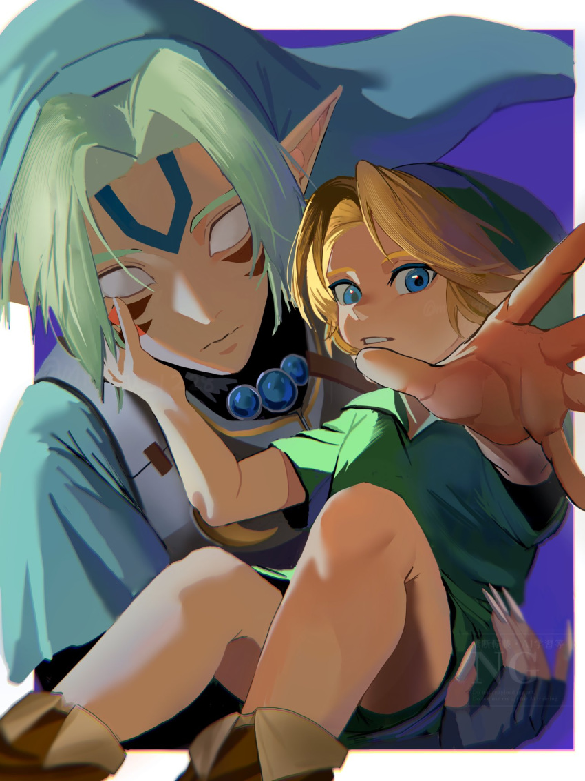 2boys, blank_eyes, blonde_hair, blue_eyes, blue_gemstone, boots, border, brown_boots, carrying, carrying_person, closed_mouth, commentary, dual_persona, facial_mark, fierce_deity, forehead_mark, gem, green_hair, green_hat, green_tunic, hat, highres, link, looking_at_viewer, male_focus, mia_ru1228, multiple_boys, outside_border, pointy_ears, reaching, reaching_towards_viewer, the_legend_of_zelda, the_legend_of_zelda:_majora's_mask, tunic, watermark, white_border, young_link