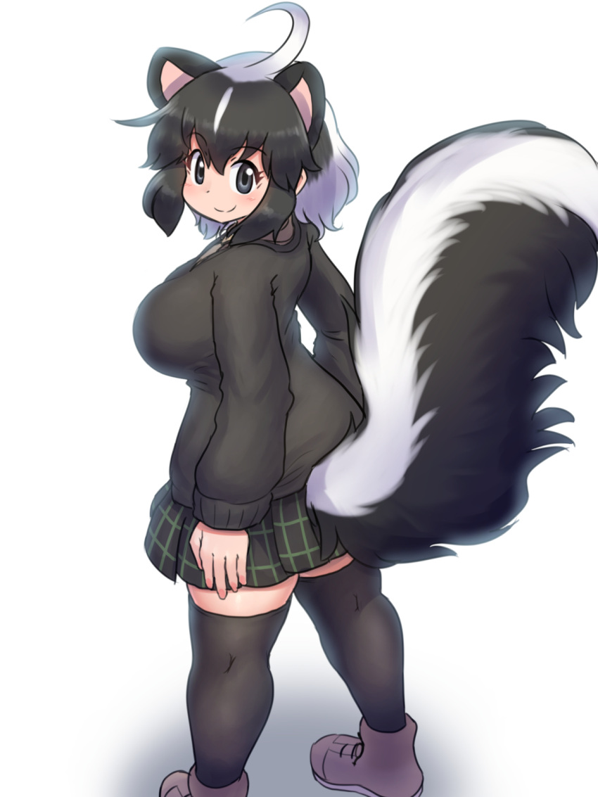 1girl, ahoge, black_eyes, black_hair, black_skirt, black_sweater, black_thighhighs, boots