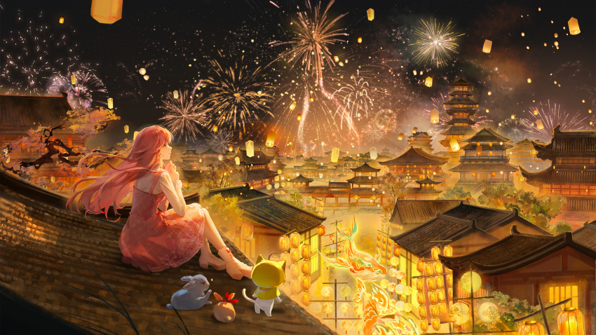 1girl, absurdres, aerial_fireworks, ankle_socks, architecture, argyle_clothes, argyle_dress, artist_request