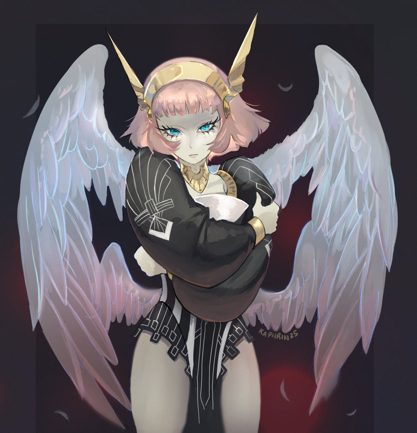 1girl, absurdres, angel_wings, artist_name, black_border, blue_eyes, border, closed_mouth, commentary, crossed_arms, eyelashes, hairband, highres, kaphrin, looking_at_viewer, metaphor:_refantazio, outside_border, pink_hair, pink_lips, rella_(metaphor:_refantazio), short_hair, solo, standing, wide_sleeves, winged_hairband, wings