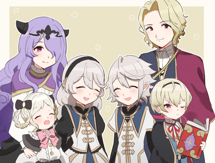 3boys, 3girls, ^_^, aged_down, black_bow, black_hairband, blonde_hair, book