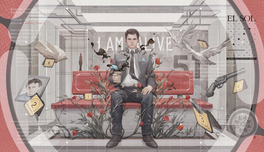 1boy, bench, bird, black_pants, brown_hair, c++_(programming_language), chanasykine, commission