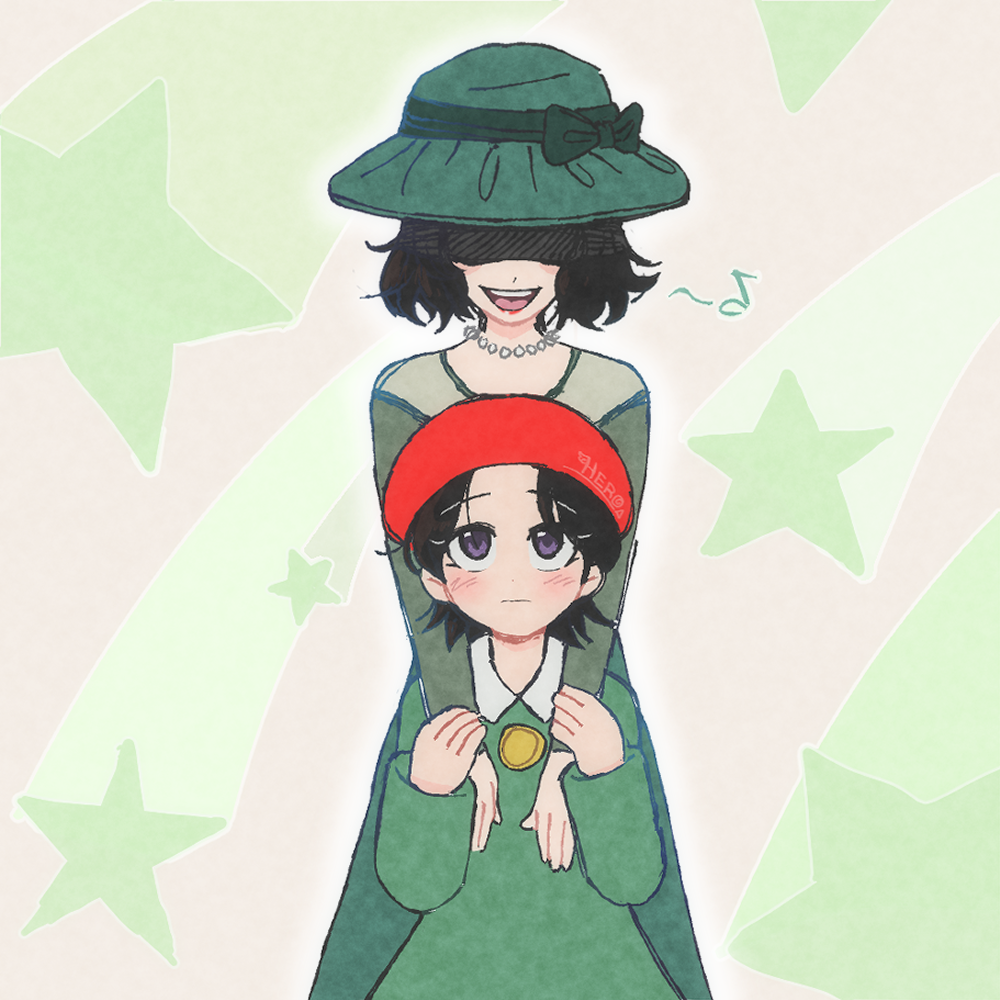 2girls, adeleine, bead_necklace, beads, beret, black_hair, dress, green_dress