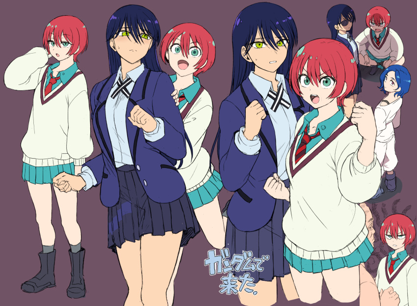1boy, 2girls, :d, :o, aiue_oka, amate_yuzuriha, aqua_eyes, aqua_shirt