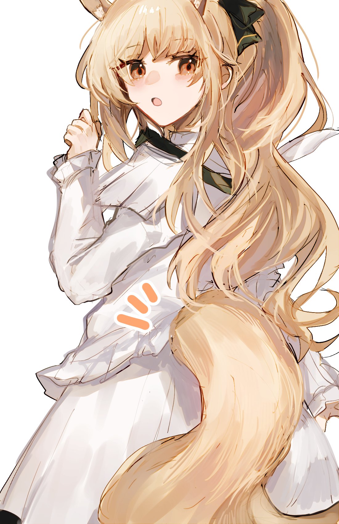 1girl, :o, animal_ears, arknights, black_bow, blemishine_(arknights), blonde_hair, blush_stickers