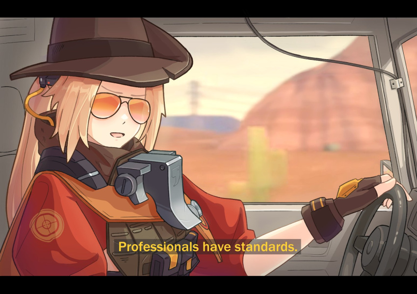1girl, aviator_sunglasses, blonde_hair, brown_gloves, brown_hat, cactus, commentary, cosplay, driving, english_commentary, english_text, fingerless_gloves, gloves, hat, jagos_(legocup), letterboxed, long_hair, looking_at_viewer, meet_the_team, motion_blur, orange-tinted_eyewear, parody, pouch, red_shirt, scene_reference, shirt, sniper_(tf2), sniper_(tf2)_(cosplay), solo, steering_wheel, subtitled, sunglasses, team_fortress_2, tinted_eyewear, trigger_(zenless_zone_zero), upper_body, vehicle_interior, zenless_zone_zero