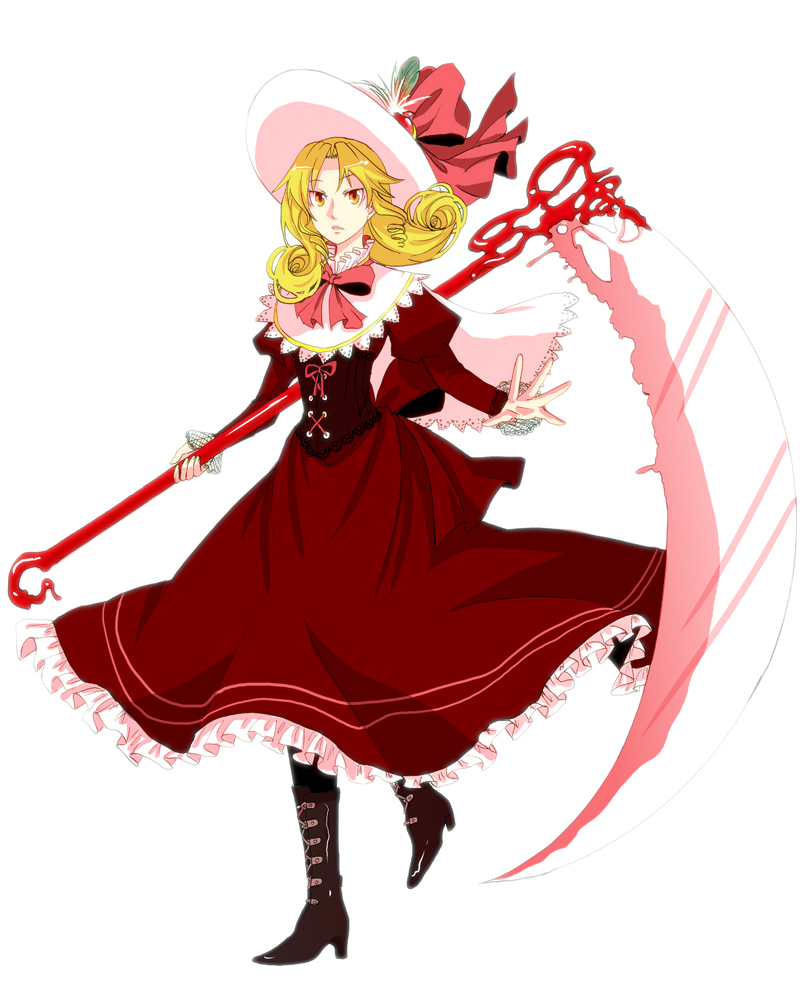 blonde_hair, dress, elly, hat, high_heels, long_hair, maro4, red_dress