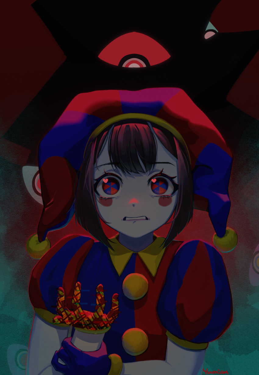 1girl, abstraction_(the_amazing_digital_circus), asymmetrical_gloves, blue_eyes, blue_gloves, blush_stickers, brown_hair, colored_skin