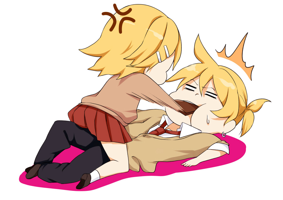1boy, 1girl, blonde_hair, blue_eyes, bow, hair_ornament, hairclip, hazuki_natsu