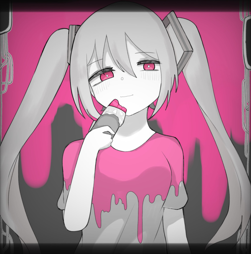1girl, chocolate, closed_mouth, food, hair_between_eyes, hatsune_miku, highres, kusare_gedou_to_chokorewito_(vocaloid)