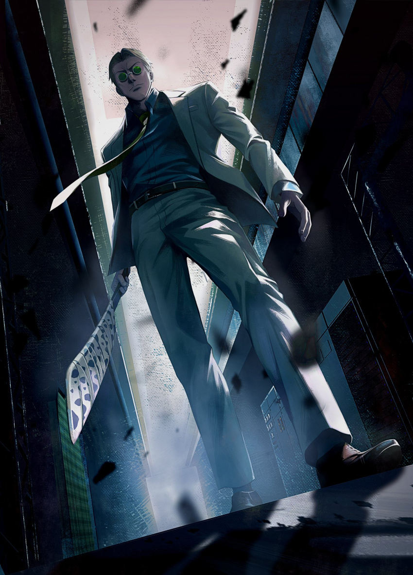1boy, belt, blonde_hair, blue_shirt, brown_belt, brown_shoes, closed_mouth, collared_shirt, curtained_hair, debris, dress_pants, dress_shoes, english_commentary, floating_neckwear, from_below, goggles, goggles_on_eyes, green-tinted_eyewear, hair_slicked_back, highres, holding, holding_sword, holding_weapon, indoors, itsiitsubox, jacket, jujutsu_kaisen, lapels, long_sleeves, looking_at_viewer, machine, male_focus, nanami_kento, necktie, notched_lapels, open_clothes, open_jacket, pants, perspective, serious, shadow, shirt, shoes, short_hair, solo, suit, sword, tinted_eyewear, vanishing_point, very_short_hair, weapon, white_jacket, white_pants, white_suit, wing_collar, yellow_necktie