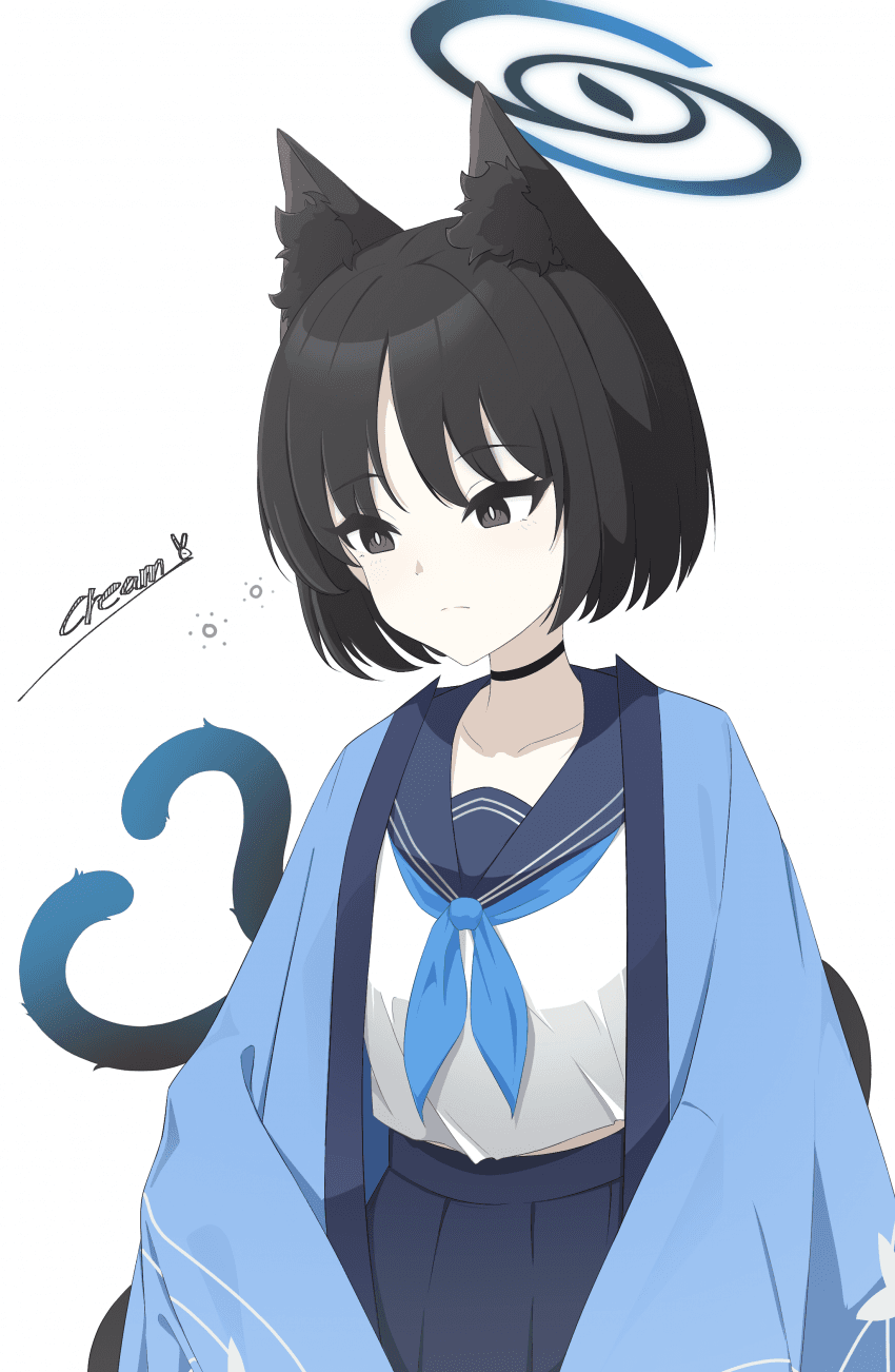 animal_ear_fluff, animal_ears, black_eyes, black_hair, blue_archive, blue_bow, bow, cat_ears