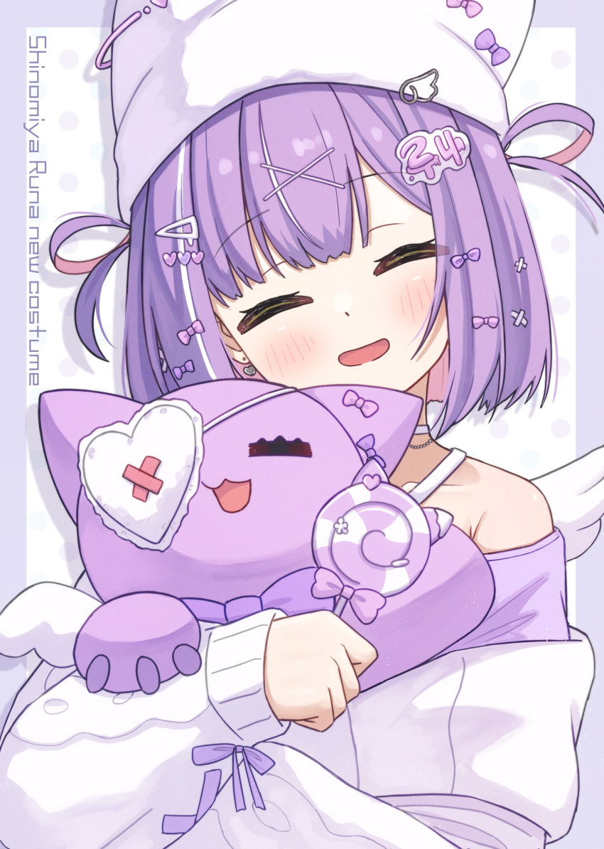 1girl, anku, beanie, blush, bow, candy, cardigan, choker