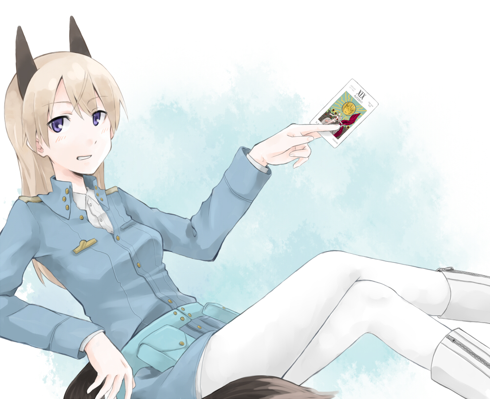 animal_ears, blonde_hair, blue_eyes, boots, eila_ilmatar_juutilainen, jikasei, military, military_uniform