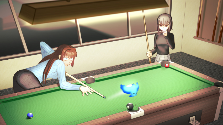 2girls, aozaki_aoko, ass, ball, billiard_ball, billiards, black_eyes, black_hair