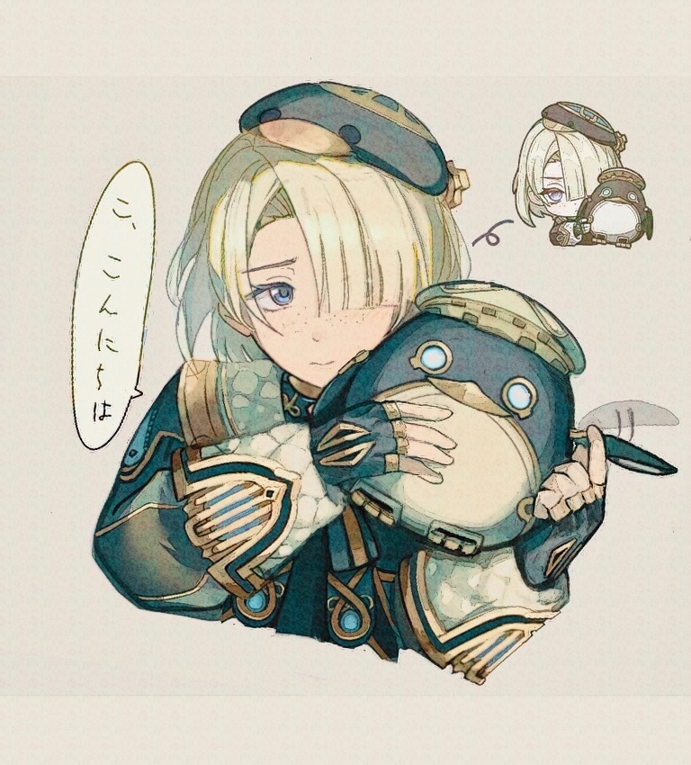 1boy, beret, blonde_hair, blue_eyes, blush, closed_mouth, cropped_torso, freminet_(genshin_impact), genshin_impact, gloves, grey_background, hair_over_one_eye, hat, holding, lastweek_1, long_sleeves, looking_at_viewer, male_focus, pers_(genshin_impact), short_hair, simple_background, smile, solo, speech_bubble, stuffed_toy, translation_request, upper_body